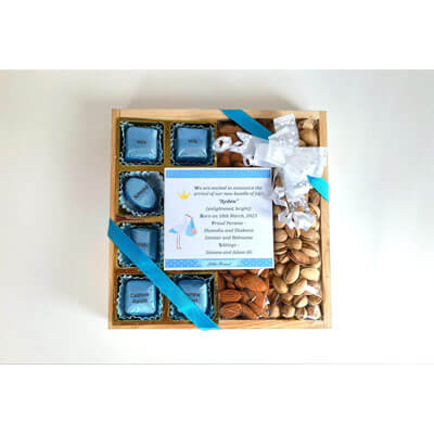 Baby Boy Announcement Chocolate And Dry Fruit Hamper cpvb1027