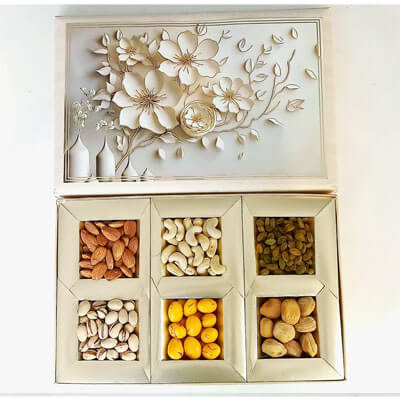 Paper Leaf Gold Rigid Dry Fruit Box, Size: 19 X 19 X 3.7 Cms at best price  in Mumbai