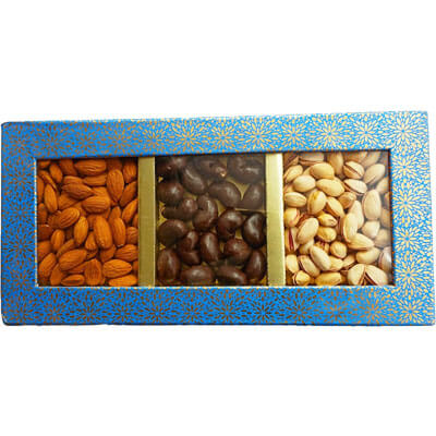 Gold and Blue Three Section Diwali Dry Fruit Gift