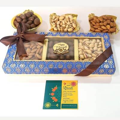 Gold and Blue Three Section Diwali Dry Fruit Gift
