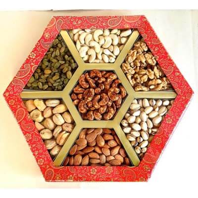 Golden Hexagon Seven Section Diwali Dryfruit Gift STA30