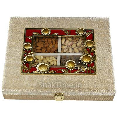 Golden Red Flower Border Diwali Dry Fruit Gift Box ST235S